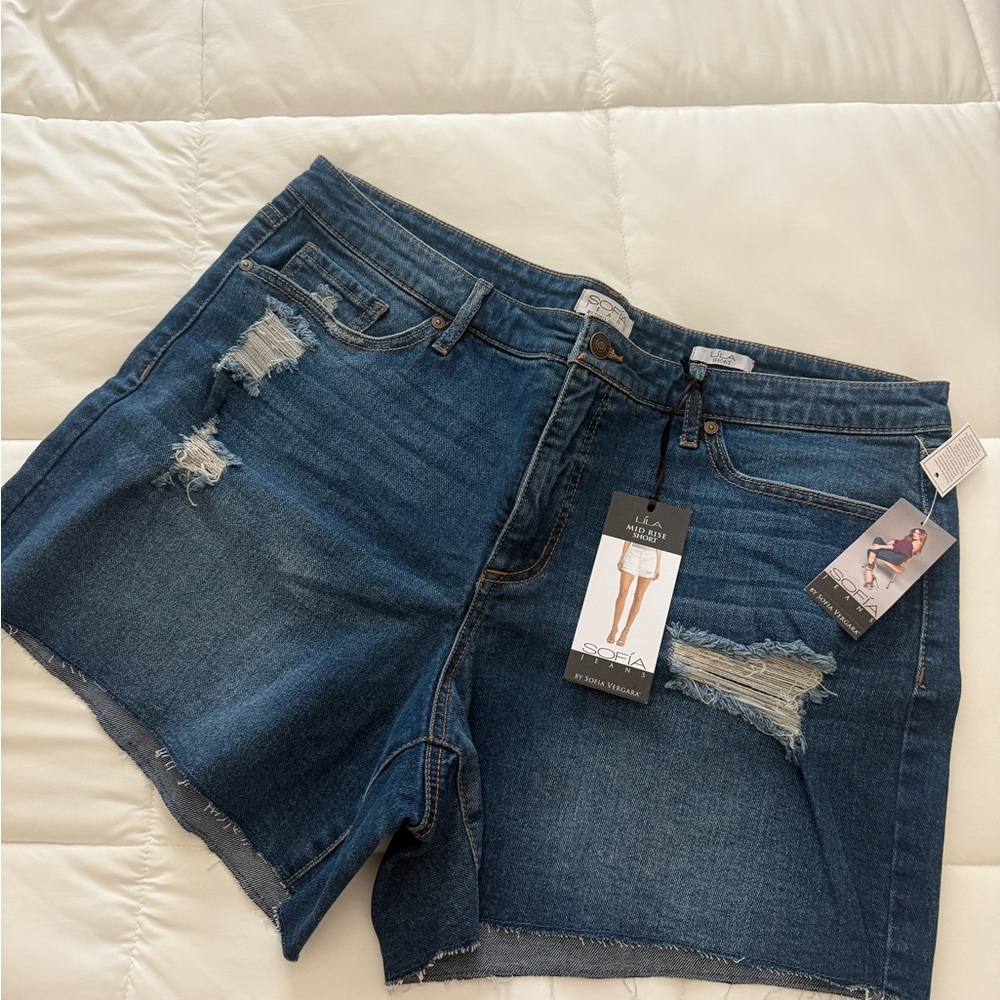 sofia by sofia vergara Medium-Dark Jean Shorts with Distressed Details